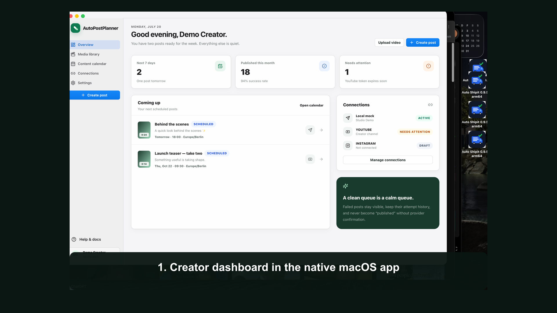 AutoPostPlanner dashboard showing scheduled posts